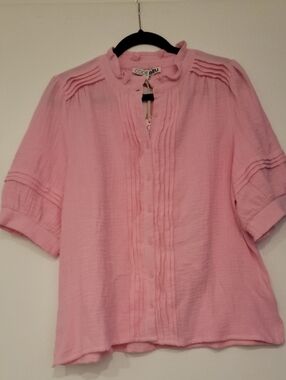 Code Bleu Pink Cotton Gauze Pintuck Blouse Ruffle Collar Puff Sleeve Button Top